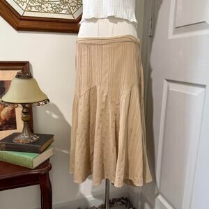 VTG Y2K Faded Glory Tan Floral Embroidered & Striped Patchwork Cotton Midi Skirt